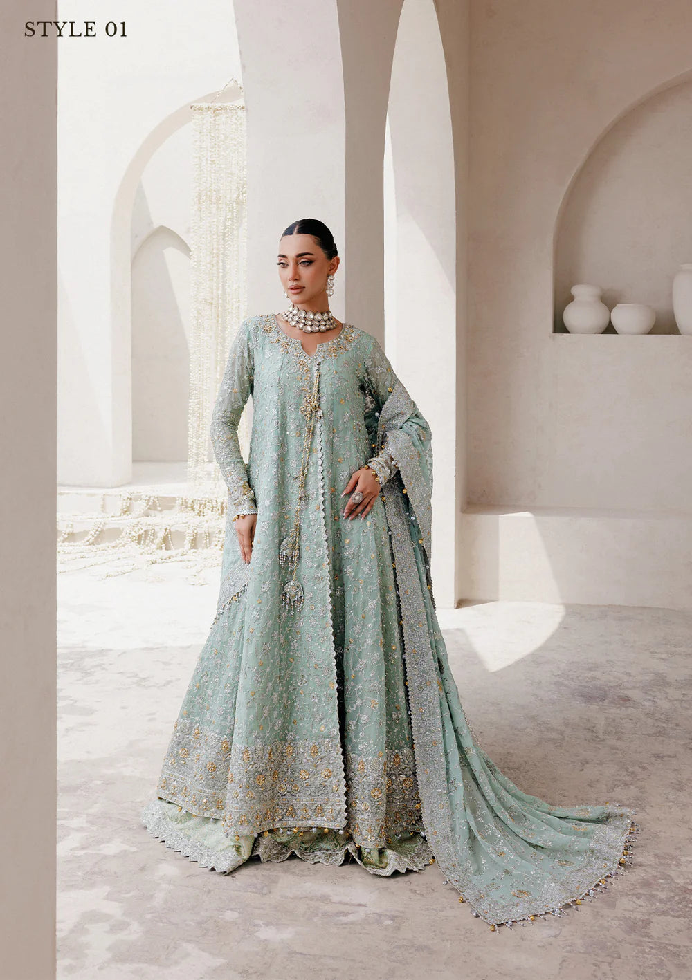 AIK sage green stitched formal dress with chiffon dupatta & jamawar pants – Pakistanimoda.com