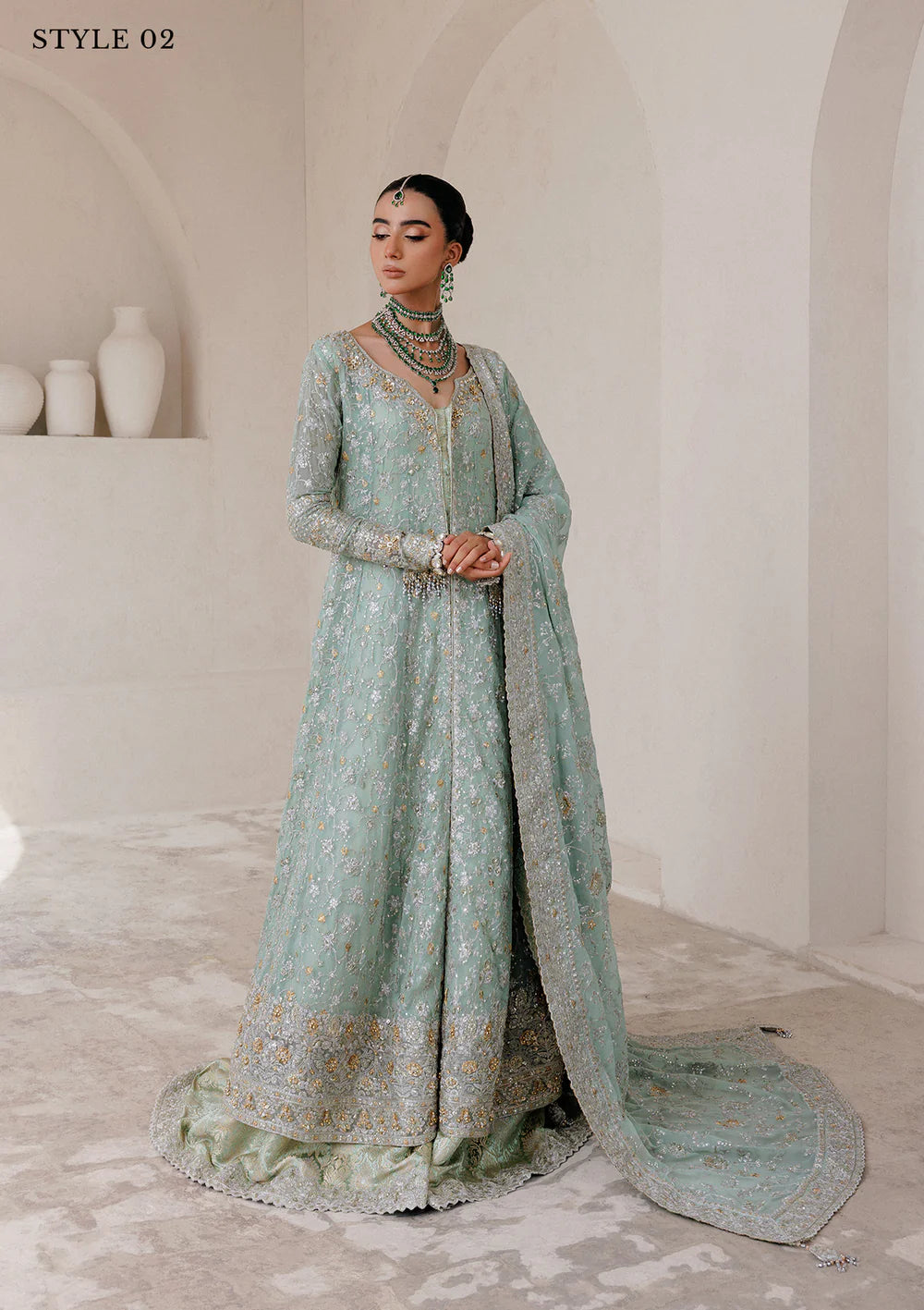AIK sage green stitched formal dress with chiffon dupatta & jamawar pants – Pakistanimoda.com