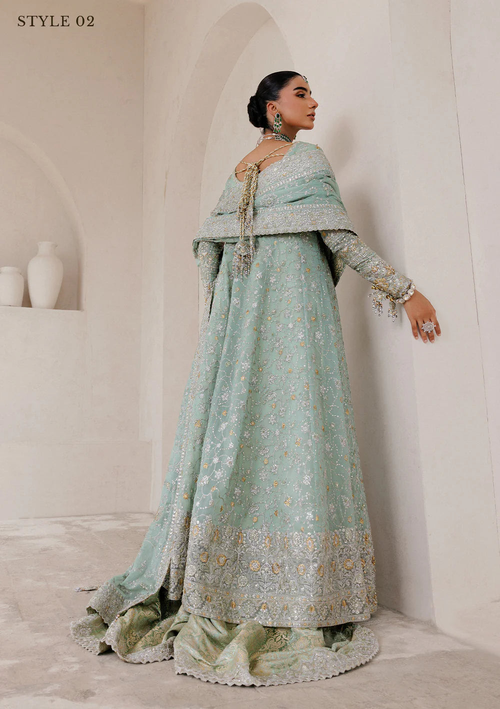 AIK sage green stitched formal dress with chiffon dupatta & jamawar pants – Pakistanimoda.com