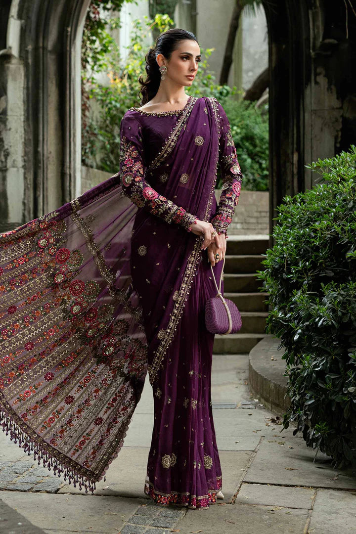 Maria B Soirée WF-09-01 Plum Chiffon Saree stitched for luxury festive functions – Pakistanimoda.