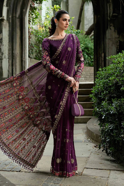 Maria B Soirée WF-09-01 Plum Chiffon Saree stitched for luxury festive functions – Pakistanimoda.