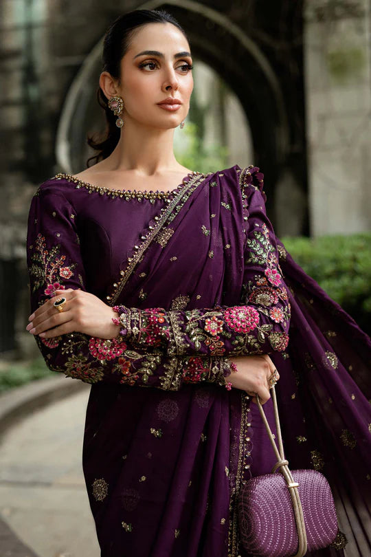 Maria B Soirée WF-09-01 Plum Chiffon Saree stitched for luxury festive functions – Pakistanimoda.