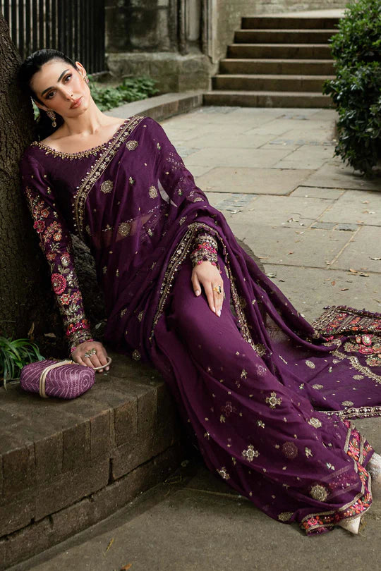 Maria B Soirée WF-09-01 Plum Chiffon Saree stitched for luxury festive functions – Pakistanimoda.