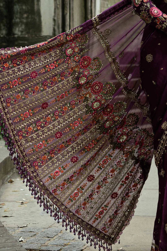 Maria B Soirée WF-09-01 Plum Chiffon Saree stitched for luxury festive functions – Pakistanimoda.