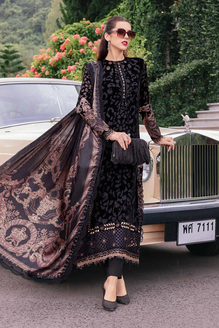 Mariab WL-1301 stitched black and gold velvet Winter Luxe suit with palachi details and silk shawl – available at Pakistanimoda.com.