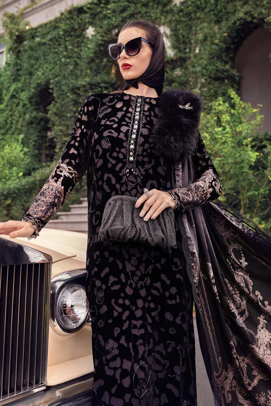 Mariab WL-1301 stitched black and gold velvet Winter Luxe suit with palachi details and silk shawl – available at Pakistanimoda.com.