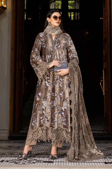 Mariab WL-1303 stitched coffee velvet Winter Luxe suit with organza embroidery – available at Pakistanimoda.com.