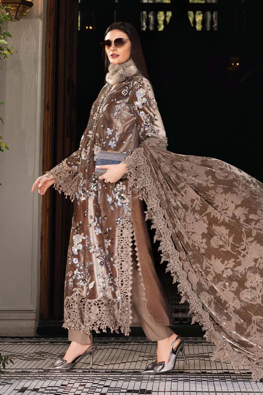 Mariab WL-1303 stitched coffee velvet Winter Luxe suit with organza embroidery – available at Pakistanimoda.com.