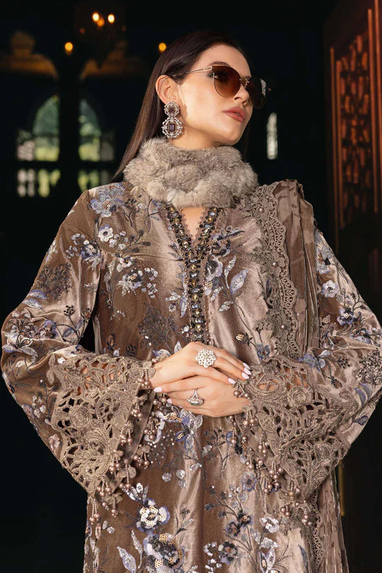 Mariab WL-1303 stitched coffee velvet Winter Luxe suit with organza embroidery – available at Pakistanimoda.com.