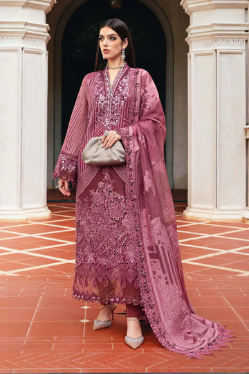 Mariab WL-1304 pink organza stitched suit with velvet patches and jacquard dupatta – available at Pakistanimoda.com.