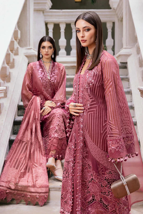 Mariab WL-1304 pink organza stitched suit with velvet patches and jacquard dupatta – available at Pakistanimoda.com.