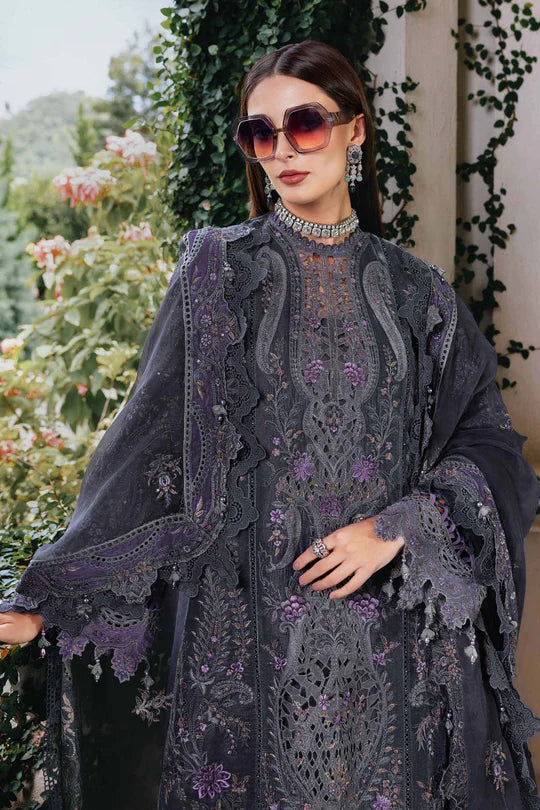 Mariab WL-1305 lilac grey velvet stitched suit with organza dupatta and velvet ghera patti – available at Pakistanimoda.com.