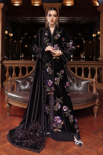 Mariab WL-1306 stitched black velvet Winter Luxe dress with embroidered details – available at Pakistanimoda.com.