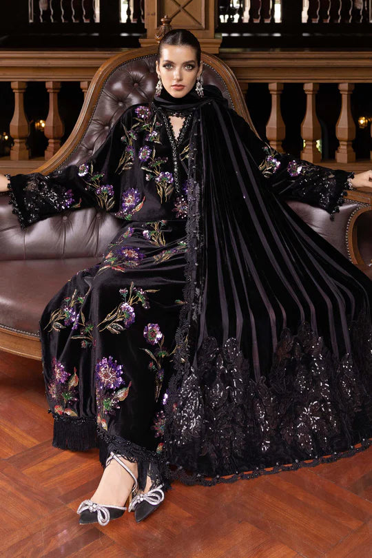 Mariab WL-1306 stitched black velvet Winter Luxe dress with embroidered details – available at Pakistanimoda.com.
