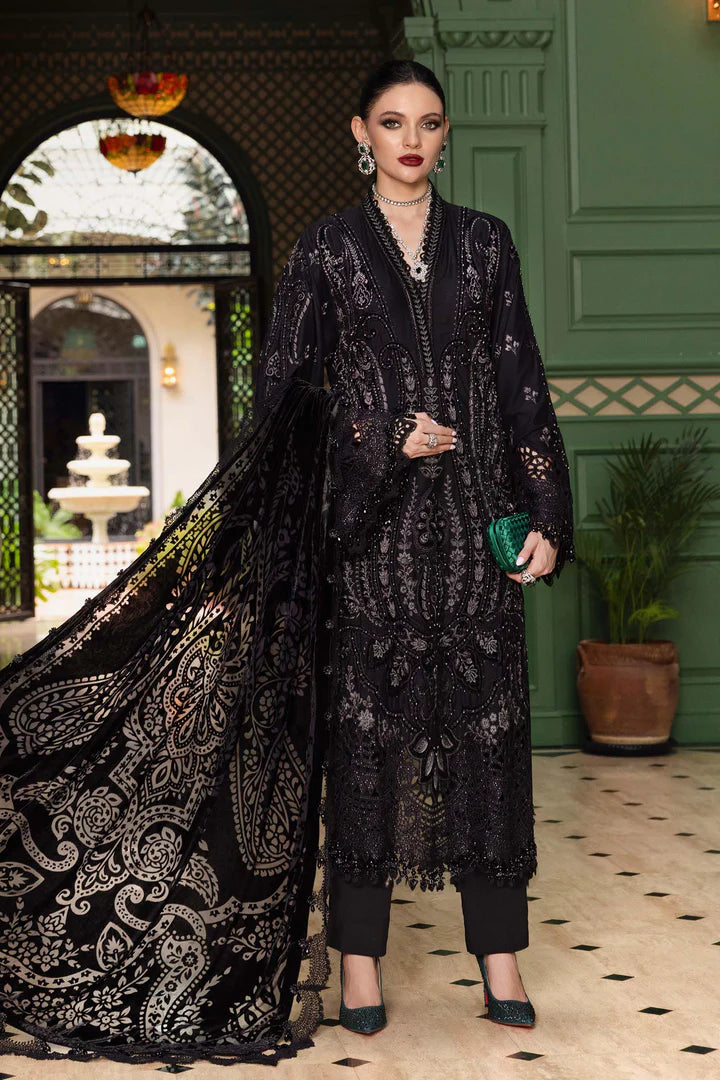 Mariab WL-1307 black linen embroidered stitched suit with velvet appliqué, pearls and palachi dupatta – available at Pakistanimoda.com.
