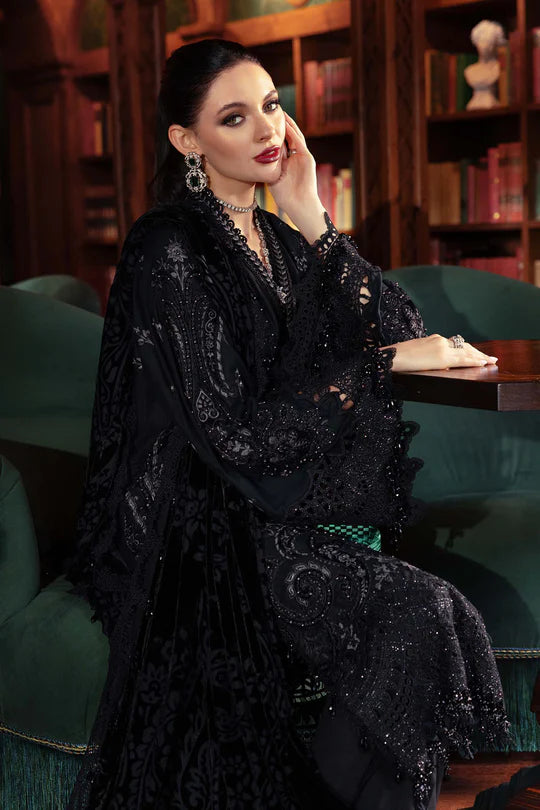 Mariab WL-1307 black linen embroidered stitched suit with velvet appliqué, pearls and palachi dupatta – available at Pakistanimoda.com.