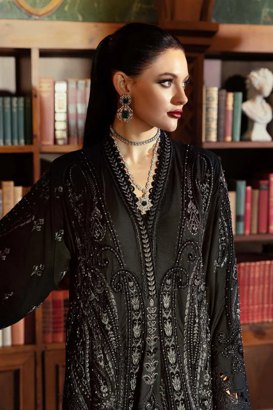 Mariab WL-1307 black linen embroidered stitched suit with velvet appliqué, pearls and palachi dupatta – available at Pakistanimoda.com.
