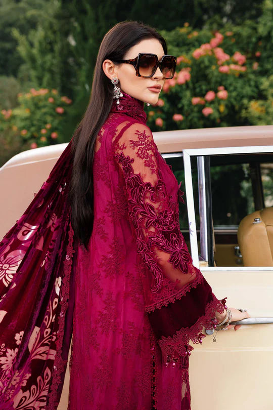 Mariab WL-1308 maroon stitched Winter Luxe velvet suit with chantilly embroidery – available on Pakistanimoda.com.
