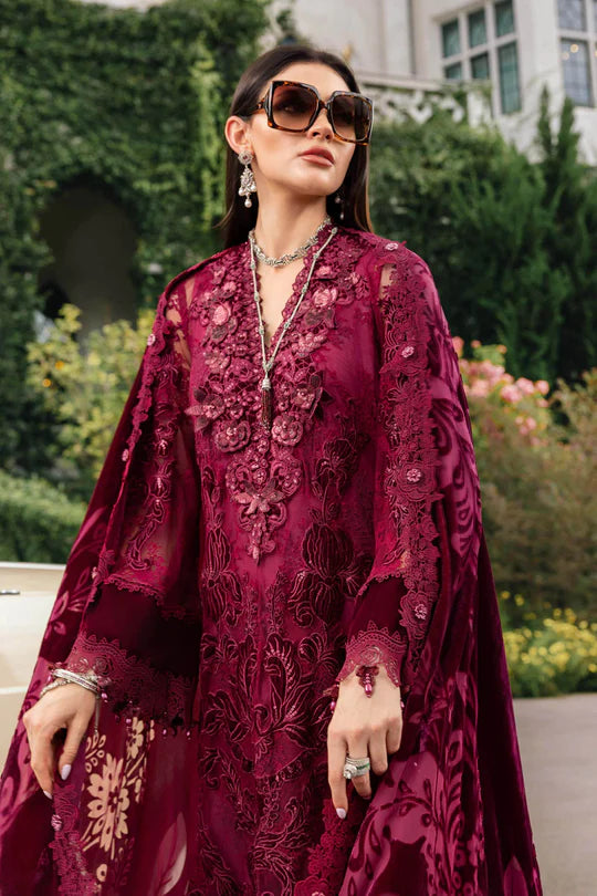 Mariab WL-1308 maroon stitched Winter Luxe velvet suit with chantilly embroidery – available on Pakistanimoda.com.
