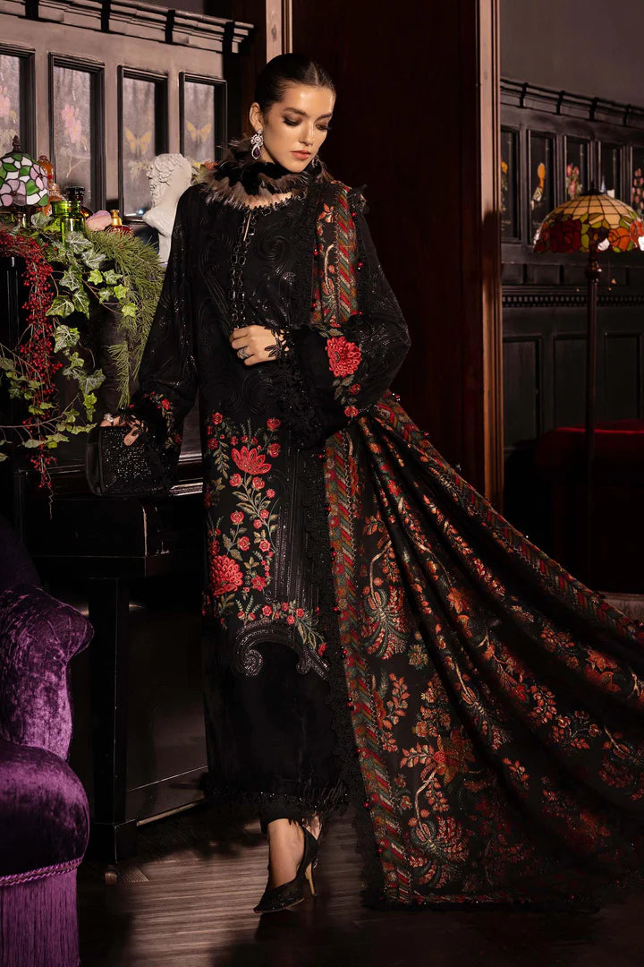Mariab WL-1309 black linen stitched suit with velvet ghera, embroidered panels and woven shawl – available at Pakistanimoda.com.