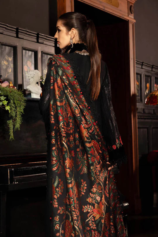 Mariab WL-1309 black linen stitched suit with velvet ghera, embroidered panels and woven shawl – available at Pakistanimoda.com.