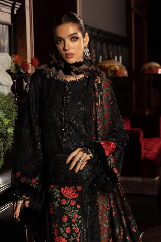 Mariab WL-1309 black linen stitched suit with velvet ghera, embroidered panels and woven shawl – available at Pakistanimoda.com.
