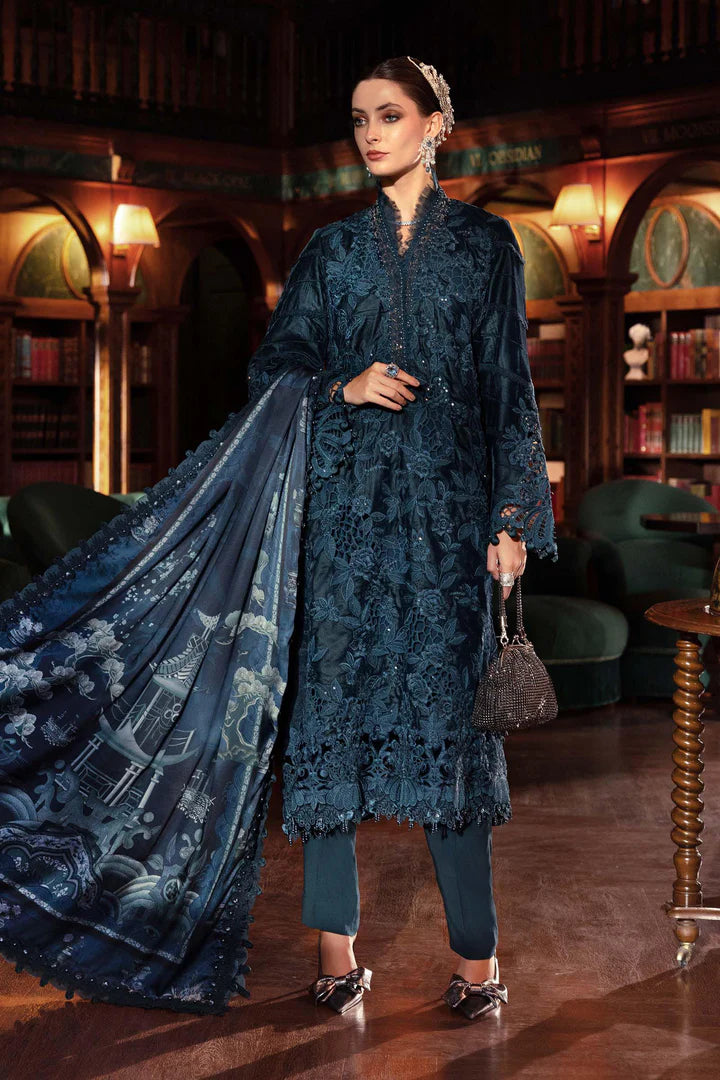 Mariab WL-1310 teal velvet stitched suit with organza applique and printed silk shawl – available at Pakistanimoda.com.