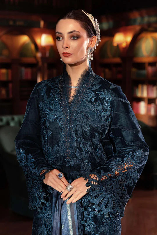 Mariab WL-1310 teal velvet stitched suit with organza applique and printed silk shawl – available at Pakistanimoda.com.