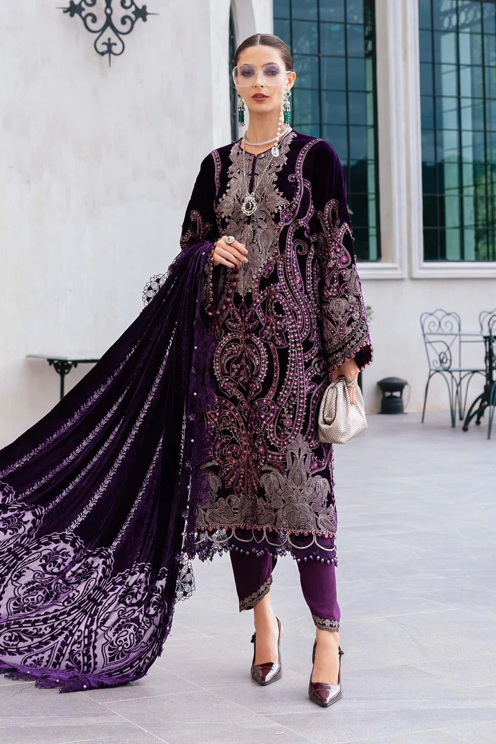 Mariab WL-1311 dark purple velvet stitched winter 3PC outfit with palachi dupatta – exclusive at Pakistanimoda.com.