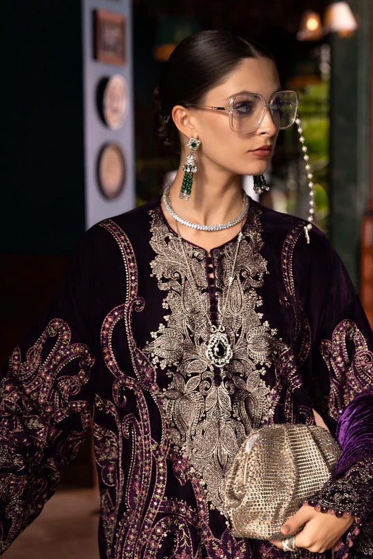Mariab WL-1311 dark purple velvet stitched winter 3PC outfit with palachi dupatta – exclusive at Pakistanimoda.com.