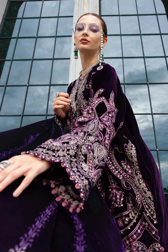 Mariab WL-1311 dark purple velvet stitched winter 3PC outfit with palachi dupatta – exclusive at Pakistanimoda.com.