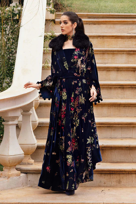 Mariab WL-1312 navy stitched twill linen suit with velvet trimming and embroidered shawl – available at Pakistanimoda.com.