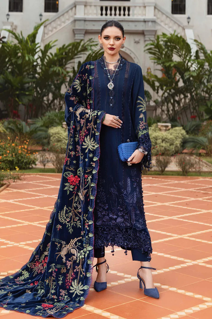 Mariab WL-1312 navy stitched twill linen suit with velvet trimming and embroidered shawl – available at Pakistanimoda.com.