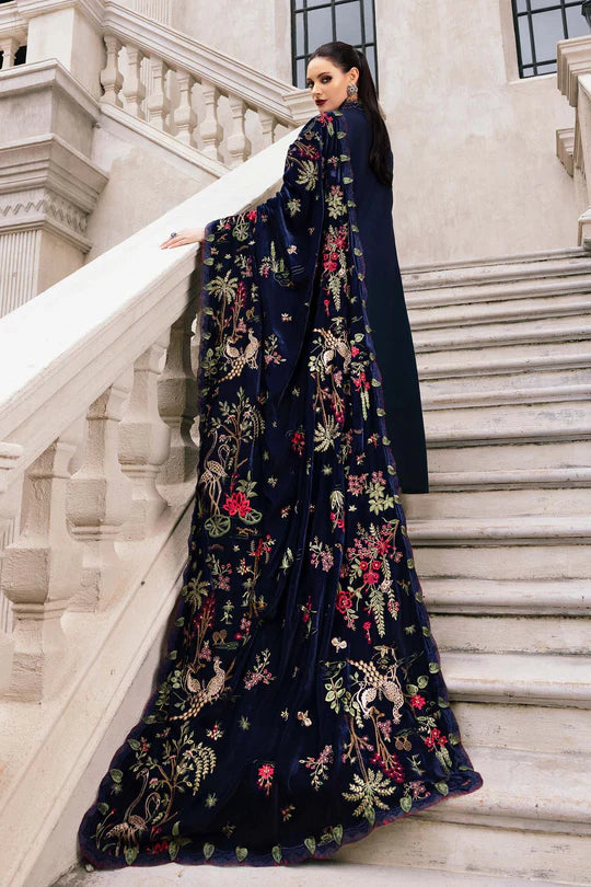 Mariab WL-1312 navy stitched twill linen suit with velvet trimming and embroidered shawl – available at Pakistanimoda.com.