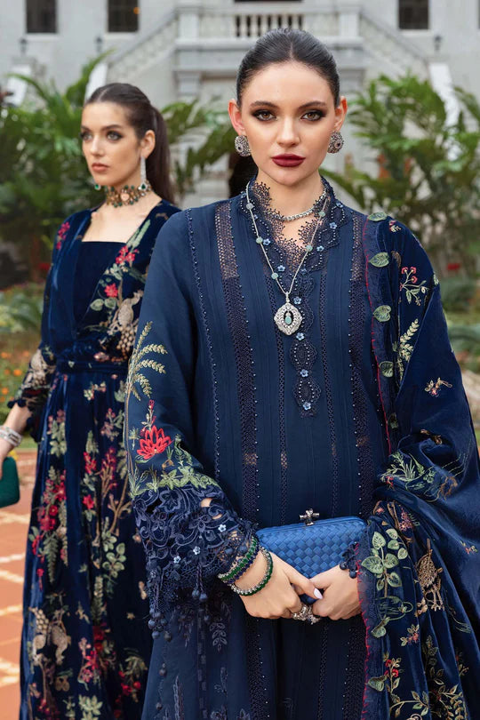 Mariab WL-1312 navy stitched twill linen suit with velvet trimming and embroidered shawl – available at Pakistanimoda.com.