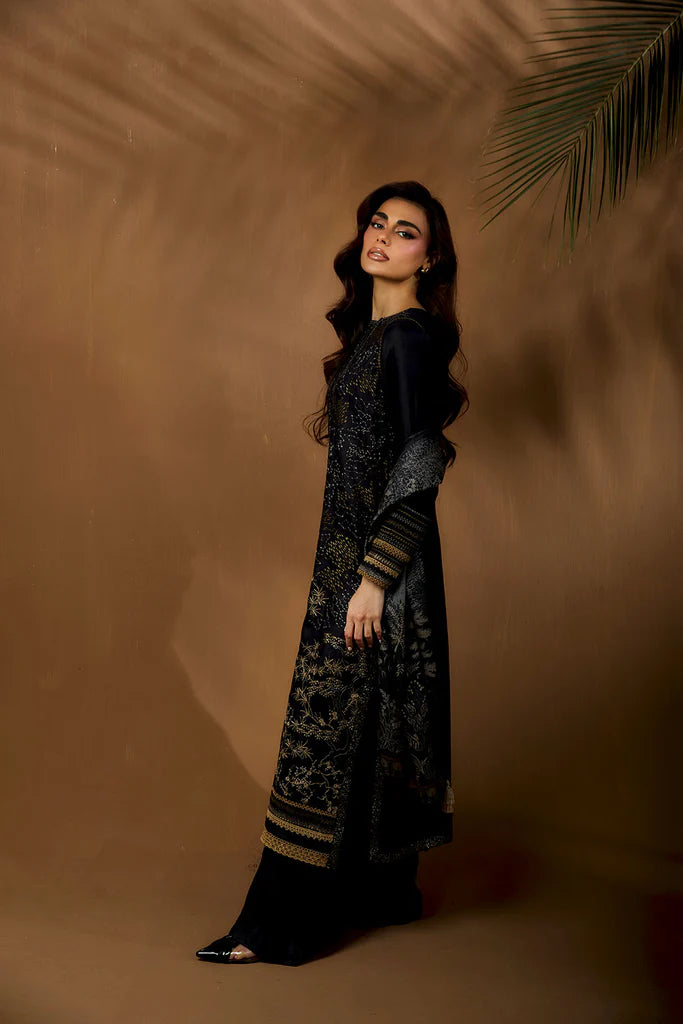 Sobia Nazir WS25-1A black embroidered stitched winter suit with printed shawl, available worldwide at Pakistanimoda.