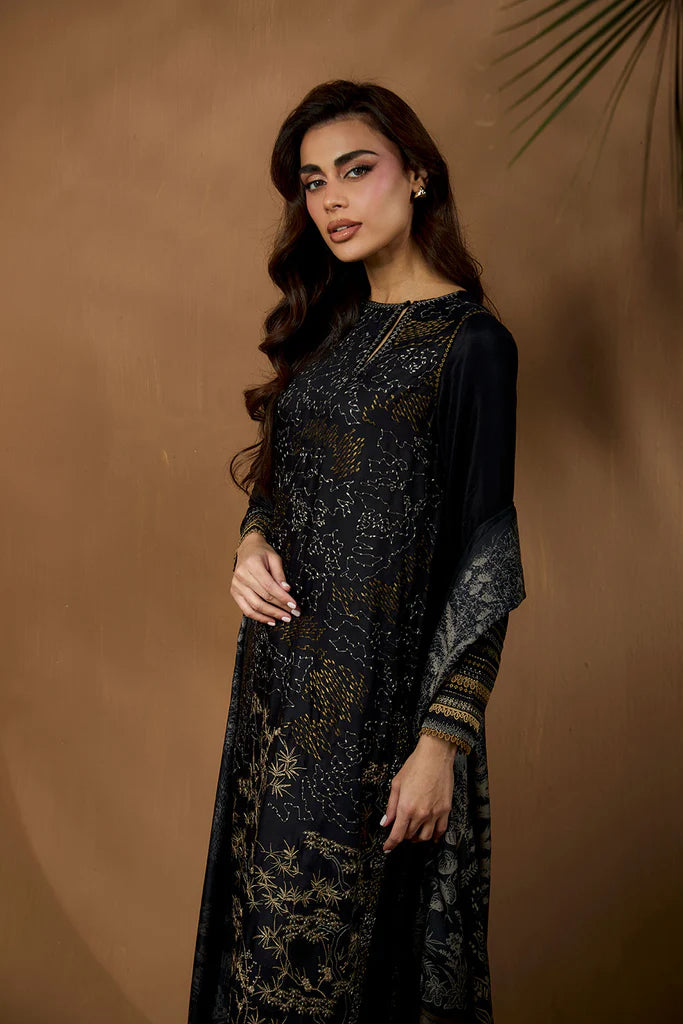 Sobia Nazir WS25-1A black embroidered stitched winter suit with printed shawl, available worldwide at Pakistanimoda.