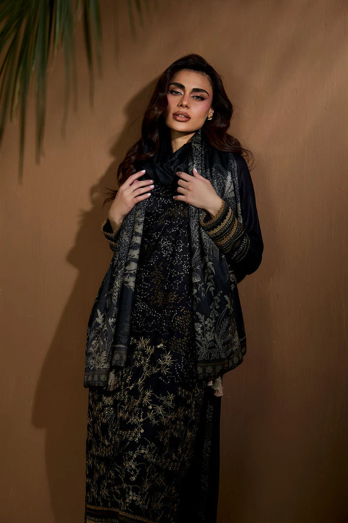 Sobia Nazir WS25-1A black embroidered stitched winter suit with printed shawl, available worldwide at Pakistanimoda.
