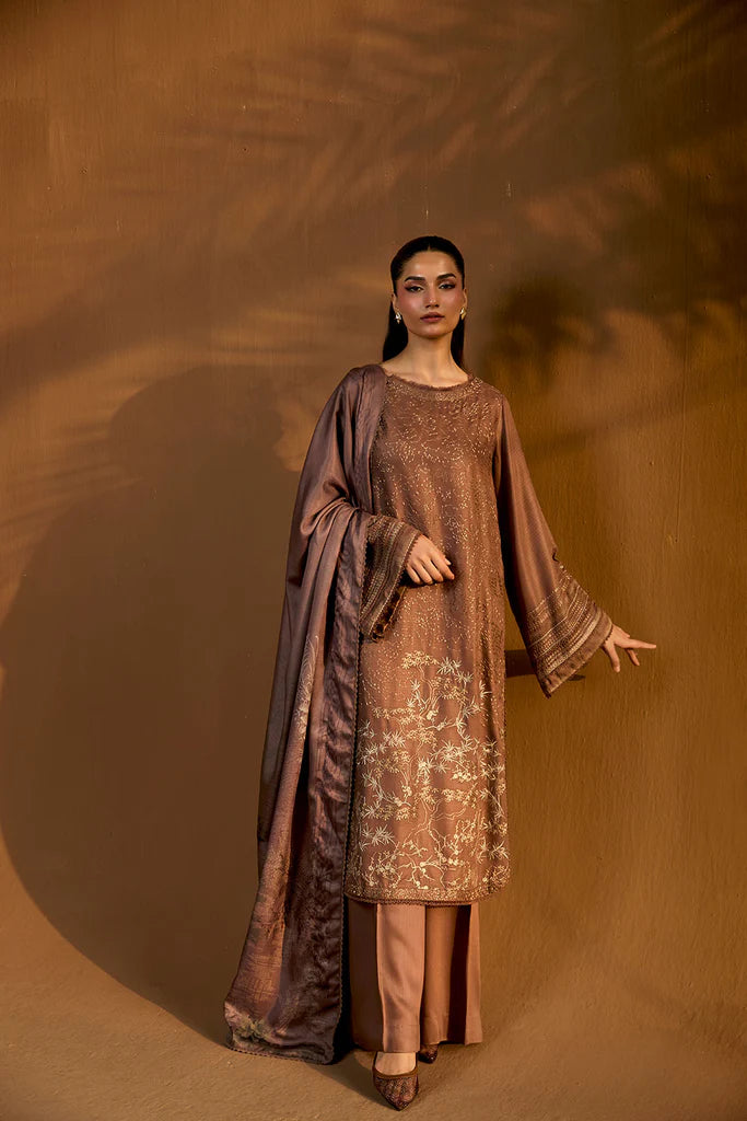 Sobia Nazir WS25-1B brown embroidered herringbone stitched winter suit with printed shawl, available worldwide at Pakistanimoda.