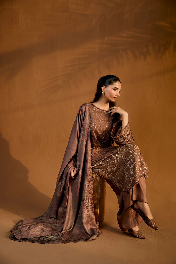 Sobia Nazir WS25-1B brown embroidered herringbone stitched winter suit with printed shawl, available worldwide at Pakistanimoda.