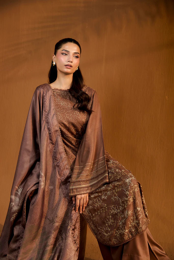 Sobia Nazir WS25-1B brown embroidered herringbone stitched winter suit with printed shawl, available worldwide at Pakistanimoda.