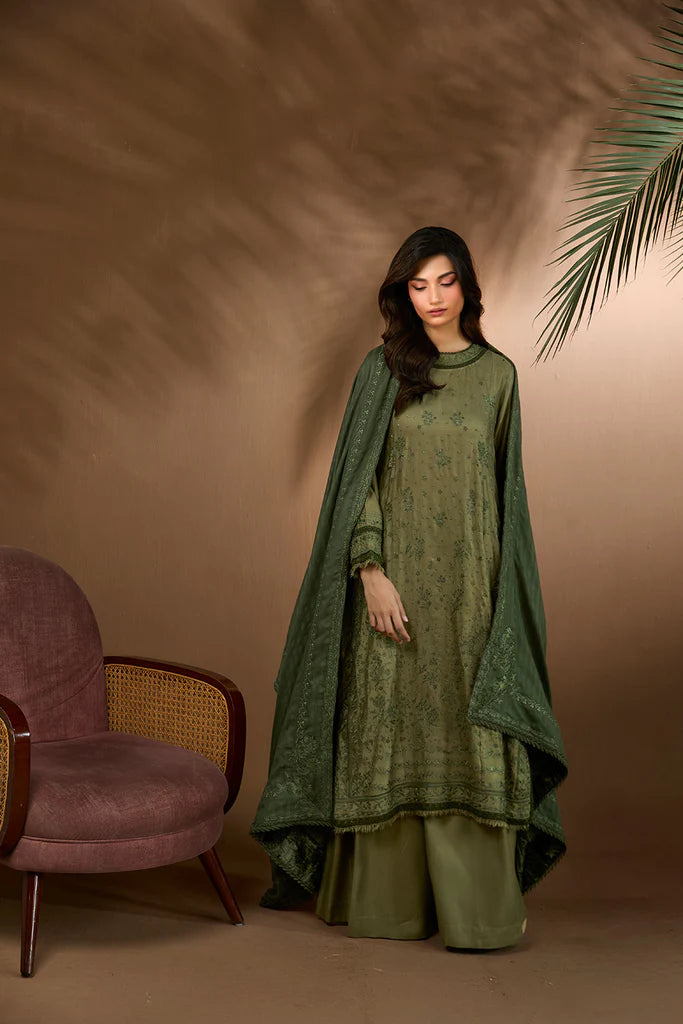 Sobia Nazir WS25-2A green embroidered stitched winter suit with herringbone shawl, available worldwide at Pakistanimoda.