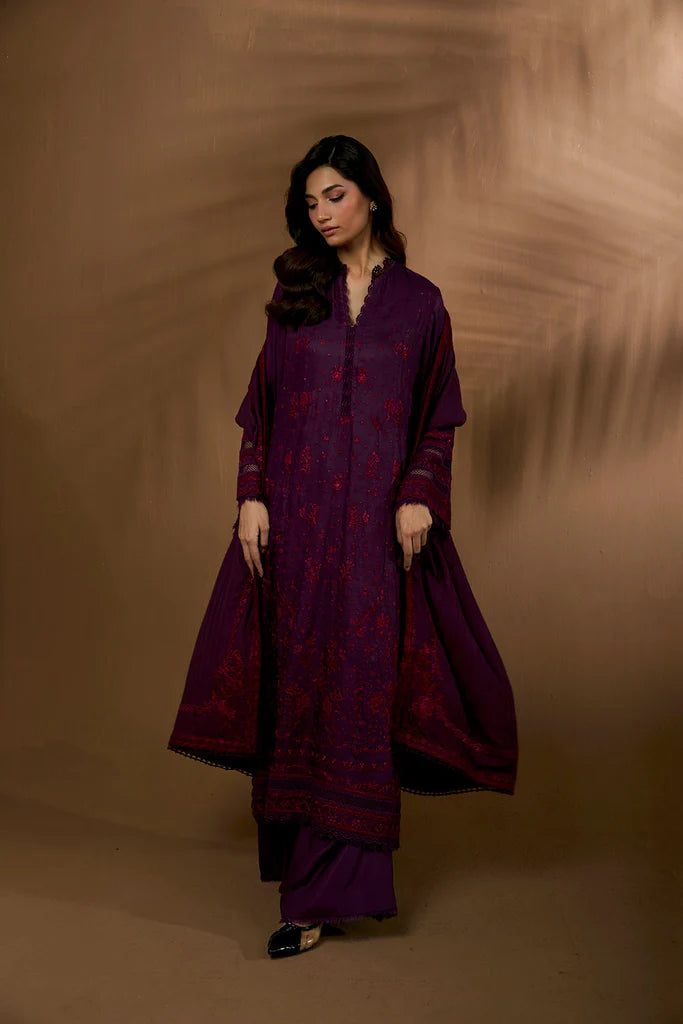Sobia Nazir WS25-2B purple embroidered herringbone stitched winter suit with shawl, available worldwide at Pakistanimoda.