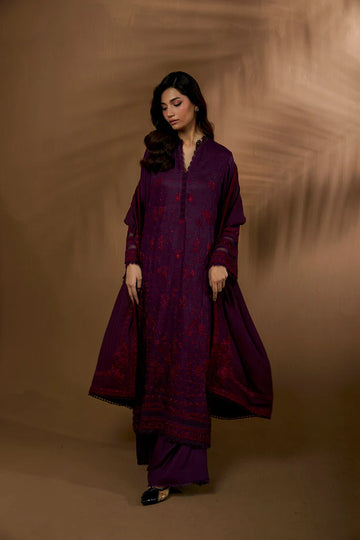 Sobia Nazir WS25-2B purple embroidered herringbone stitched winter suit with shawl, available worldwide at Pakistanimoda.