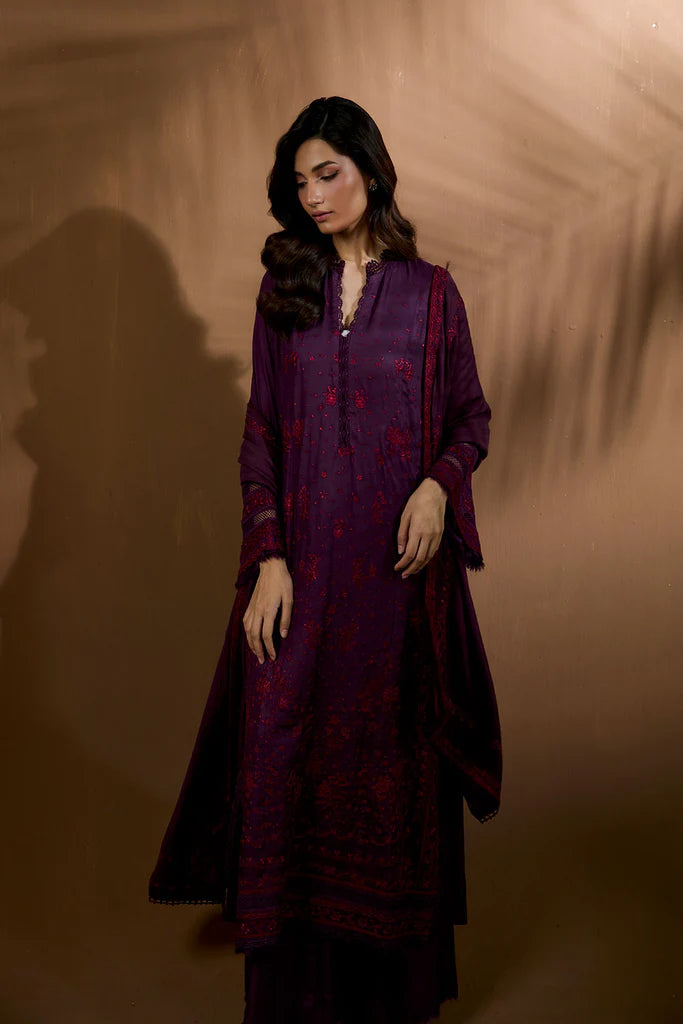 Sobia Nazir WS25-2B purple embroidered herringbone stitched winter suit with shawl, available worldwide at Pakistanimoda.