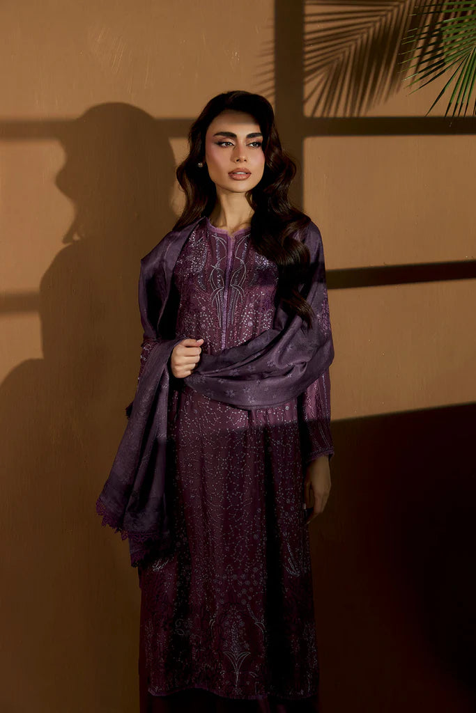 Sobia Nazir WS25-3A purple embroidered stitched winter suit with printed shawl, ideal for winter gatherings at Pakistanimoda.