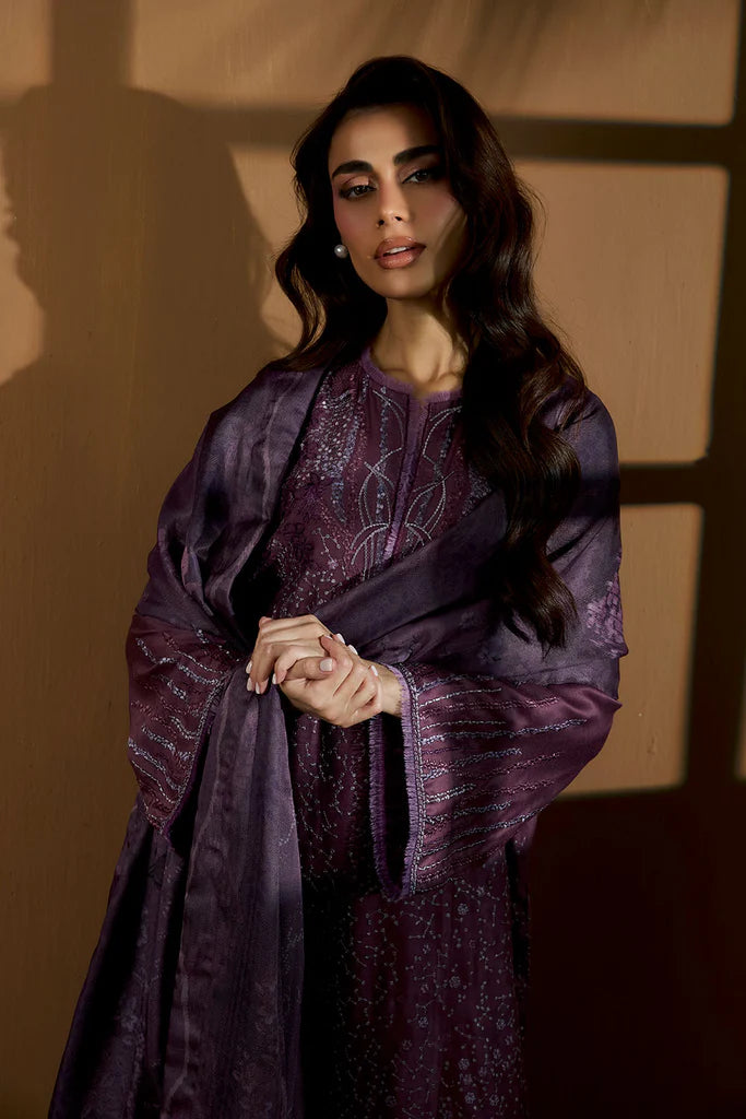 Sobia Nazir WS25-3A purple embroidered stitched winter suit with printed shawl, ideal for winter gatherings at Pakistanimoda.