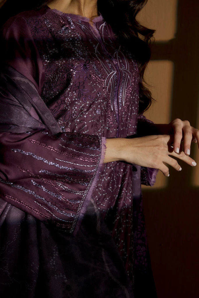 Sobia Nazir WS25-3A purple embroidered stitched winter suit with printed shawl, ideal for winter gatherings at Pakistanimoda.