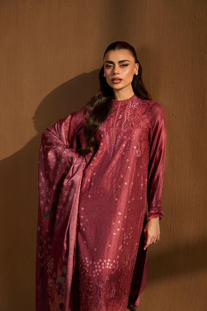 Sobia Nazir WS25-3B pink embroidered herringbone stitched winter suit with printed shawl, available worldwide at Pakistanimoda.