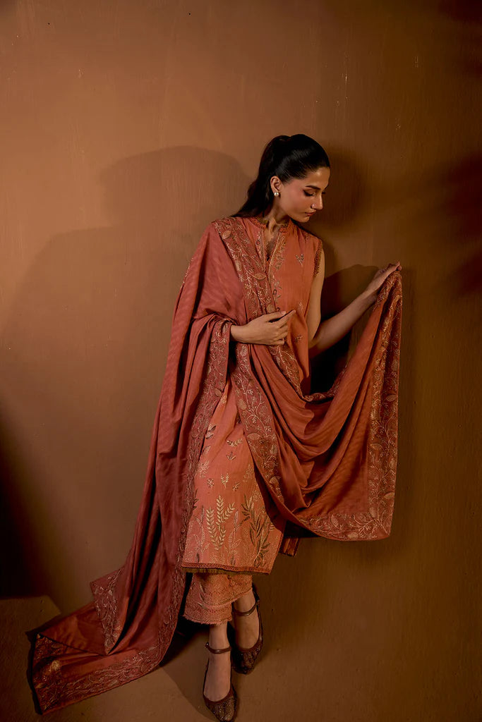 Sobia Nazir WS25-4A rust embroidered khaddar stitched suit with herringbone shawl, available worldwide at Pakistanimoda.